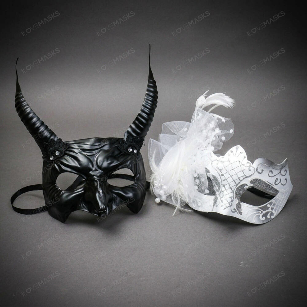 Black Devil Horn Demon Mask & White Tulle Glitter Masquerade Couple Mask Set